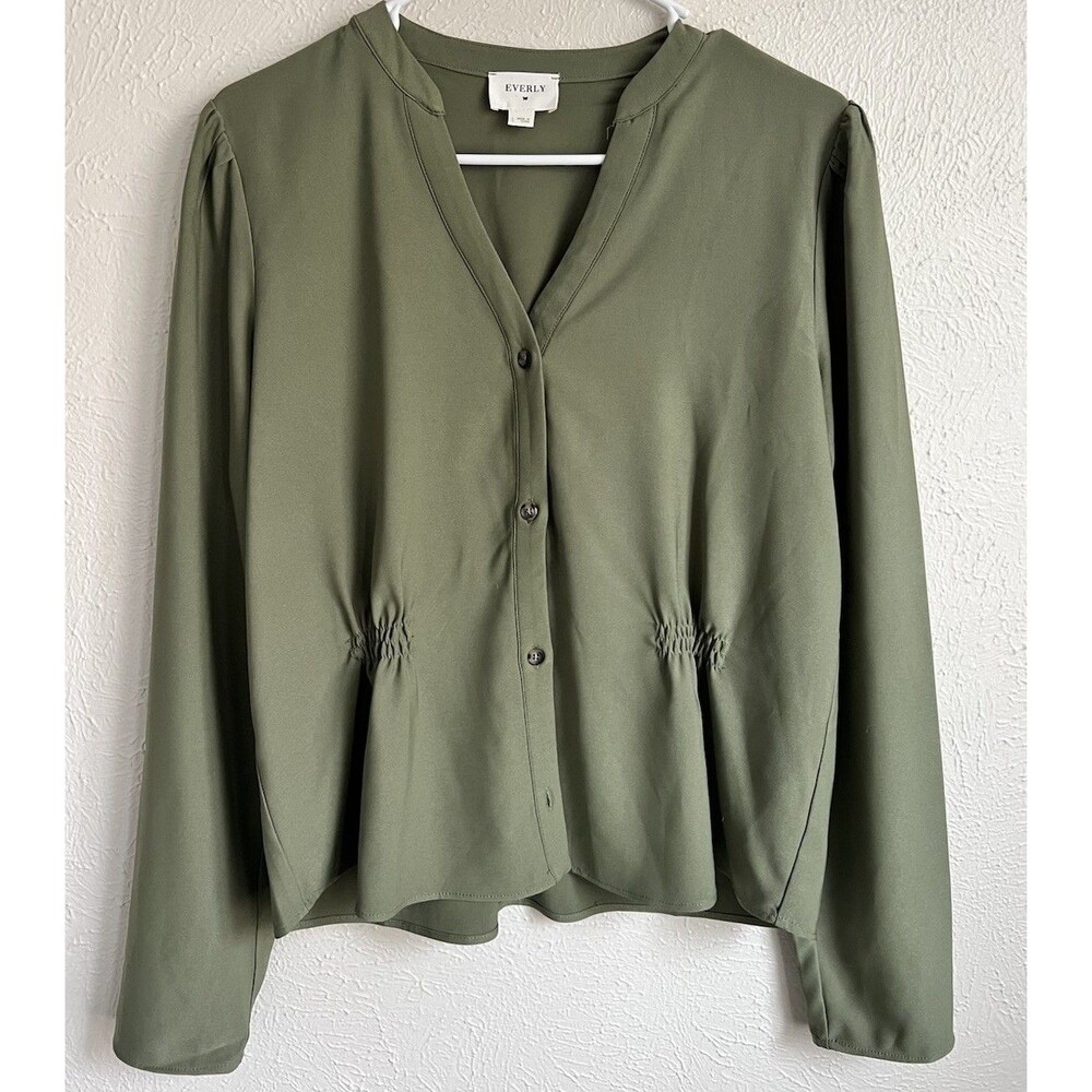 Everly Olive Green Button Down Blouse Cinched Waist High-Quality Women’s Large
